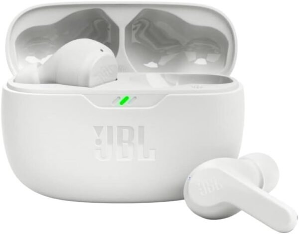 JBL Vibe Beam - True Wireless JBL Deep Bass Sound Earbuds, Bluetooth 5.2, Water & Dust Resistant, Hands-free call with VoiceAware, Up to 32 hours of battery life (White)