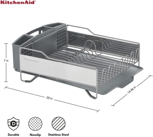 KitchenAid Large Capacity Full Size Rust Resistant Dish Rack with Angled Drain Board and Removable Flatware Caddy, Light Grey - Image 6