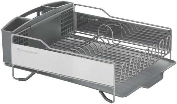 KitchenAid Large Capacity Full Size Rust Resistant Dish Rack with Angled Drain Board and Removable Flatware Caddy, Light Grey - Image 5