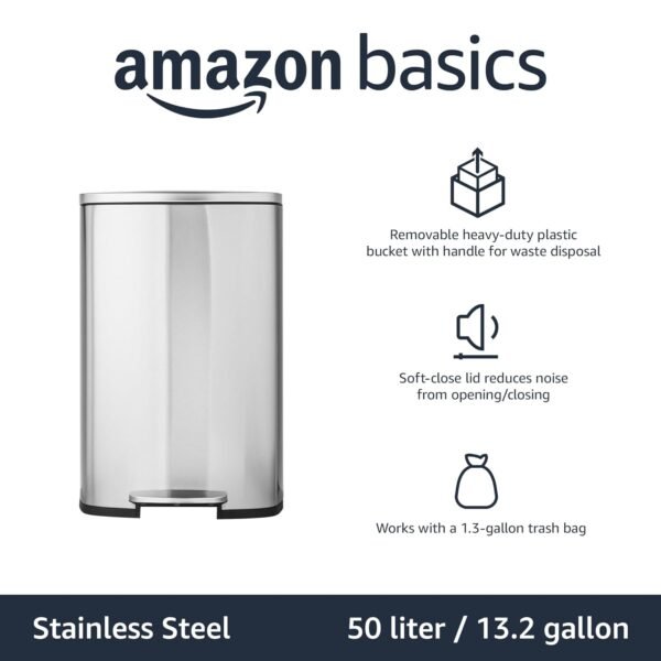 Amazon Basics Smudge Resistant Rectangular Trash Can With Soft-Close Foot Pedal, Brushed Stainless Steel, 50 Liter/13.2 Gallon, Satin Nickel Finish, 16.7"L x 14.7"W x 25.9"H - Image 5