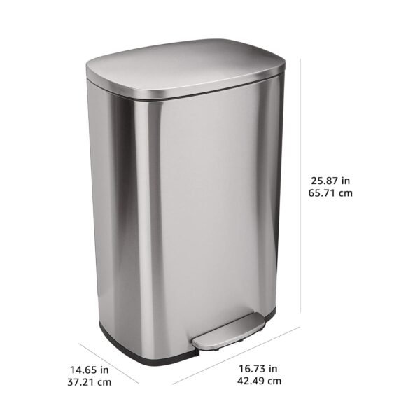 Amazon Basics Smudge Resistant Rectangular Trash Can With Soft-Close Foot Pedal, Brushed Stainless Steel, 50 Liter/13.2 Gallon, Satin Nickel Finish, 16.7"L x 14.7"W x 25.9"H