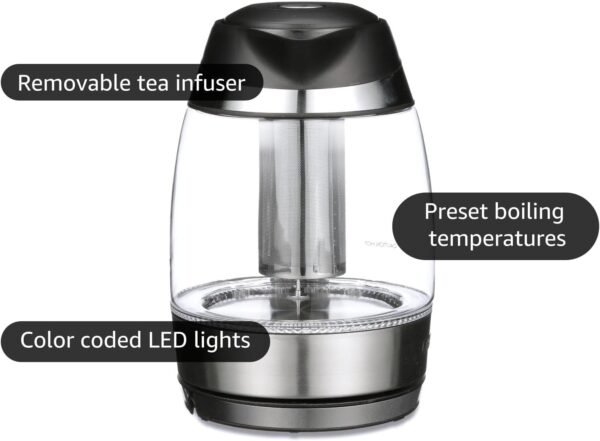 Chefman Electric Kettle with Temperature Control, 5 Presets LED Indicator Lights, Removable Tea Infuser, Glass Tea Kettle & Hot Water Boiler, 360° Swivel Base, BPA Free, Stainless Steel, 1.8 Liters - Image 9