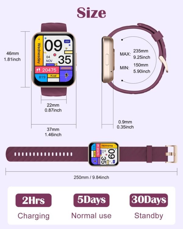 RUIMEN Smart Watches for Women Men (Answer/Make Calls) Compatible with iPhone/Android Phones, 1.85" HD Screen Fitness Tracker Heart Rate Monitor 100+ Sports Tracker Watch Waterproof (Purple) - Image 2