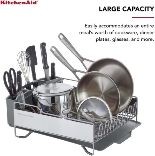 KitchenAid Large Capacity Full Size Rust Resistant Dish Rack with Angled Drain Board and Removable Flatware Caddy, Light Grey - Image 3