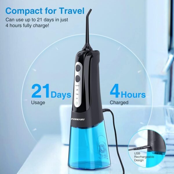 Cordless Water Dental Flosser Teeth Cleaner, INSMART Professional 300ML Tank DIY Mode USB Rechargeable Dental Oral Irrigator for Home and Travel, IPX7 Waterproof 4 Modes Irrigate for Oral Care Blue - Image 6