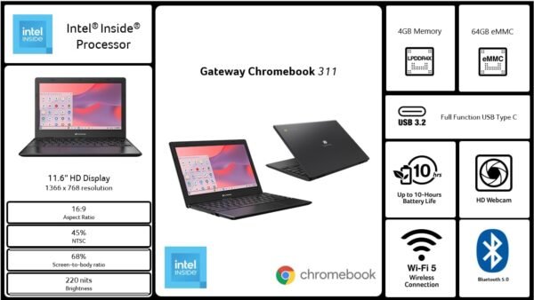 acer Gateway Chromebook 311 CBO311-1H-C1MX Laptop | 11.6" | 4GB LPDDR4X | 64GB eMMC | Star Black | Intel Celeron N4500, HD (1366 x 768) Display, Wi-Fi 5 802.11ac, Chrome OS - Image 7