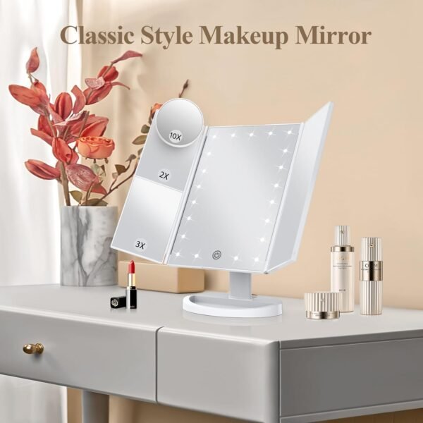 Makeup Mirror Vanity Mirror with Lights, 2X 3X 10X Magnification, Lighted Makeup Mirror, Touch Control, Trifold Makeup Mirror, Dual Power Supply, Portable LED Makeup Mirror, Women Gift (White) - Image 4