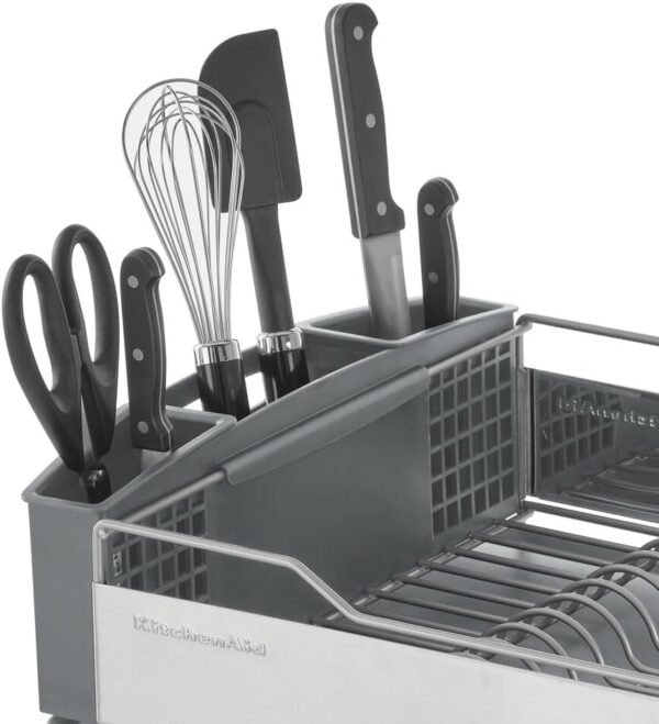 KitchenAid Large Capacity Full Size Rust Resistant Dish Rack with Angled Drain Board and Removable Flatware Caddy, Light Grey - Image 4