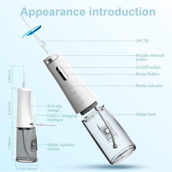 Nicefeel Water Flosser, Cordless Portable Dental Cleaner with 300ml Water Tank, 4 Adjustable Modes & 4 Jet Tips, Type-C Rechargeable Waterproof IPX7 Oral Irrigator for Home & Travel, White - Image 5