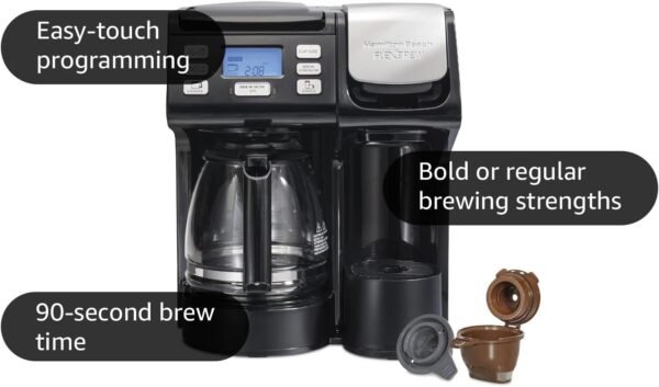 Hamilton Beach FlexBrew Trio 2-Way Coffee Maker, Compatible with K-Cup Pods or Grounds, Combo, Single Serve & Full 12c Pot, Black - Fast Brewing (49902) - Image 2