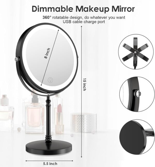 Lighted Makeup Mirror, 3000 mAh Rechargeable Double Sided Magnifying Mirror with 3 Colors, 1x/10x 360° Rotation Vanity Mirror, Brightness Adjustable Magnification Cosmetic Light up Mirror, Women Gift - Image 3