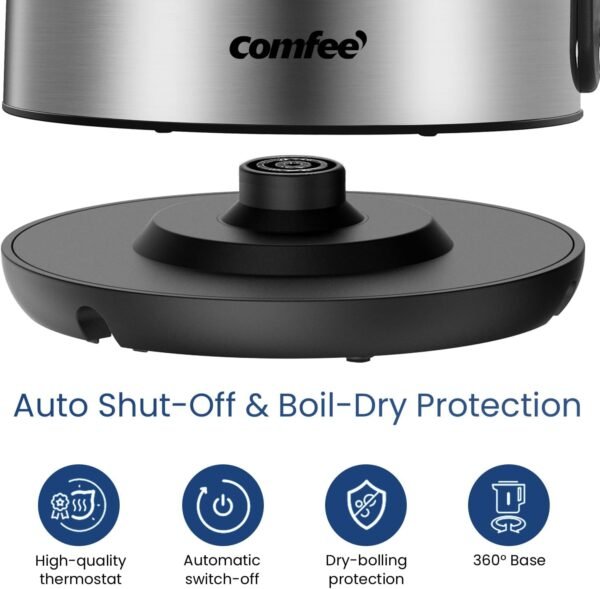 COMFEE' Stainless Steel Electric Kettle, 1.7 Liter Tea Kettle Electric & Hot Water Kettle, 1500W Fast Boil with LED Light, Auto Shut-Off and Boil-Dry Protection - Image 6