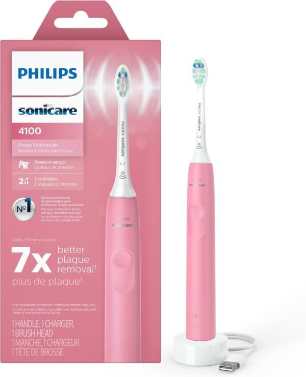 Philips Sonicare 4100 Rechargeable Electric Toothbrush, with Pressure Sensor, 2 Intensity Settings, SmarTimer and QuadPacer, 14-Day Battery Life, Deep Pink, Model HX3681/26