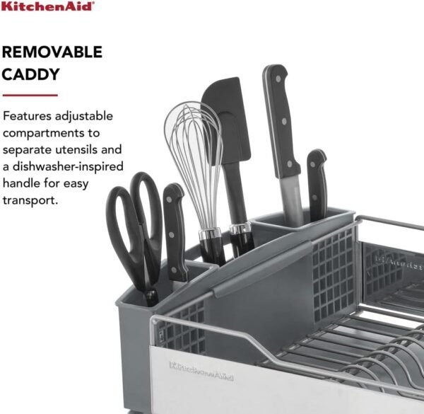 KitchenAid Large Capacity Full Size Rust Resistant Dish Rack with Angled Drain Board and Removable Flatware Caddy, Light Grey - Image 2