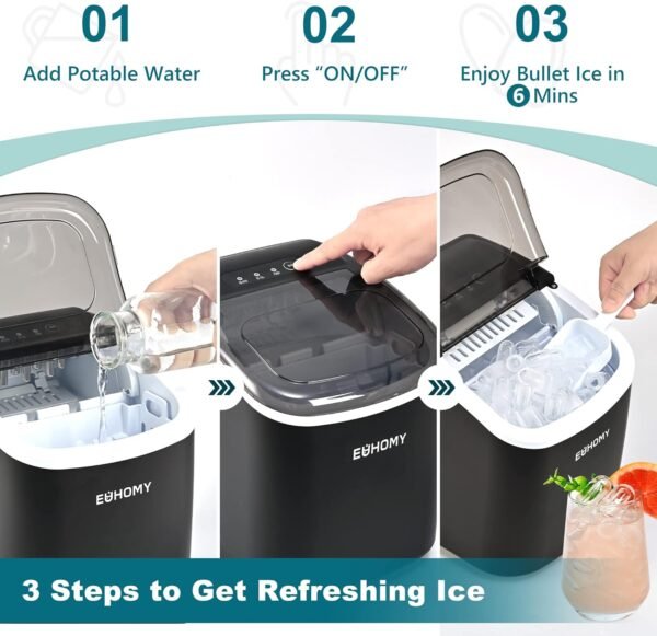 EUHOMY Countertop Ice Maker Machine with Handle, 26lbs in 24Hrs, 9 Ice Cubes Ready in 6 Mins, Auto-Cleaning Portable Ice Maker with Basket and Scoop, for Home/Kitchen/Camping/RV. (Black) - Image 5