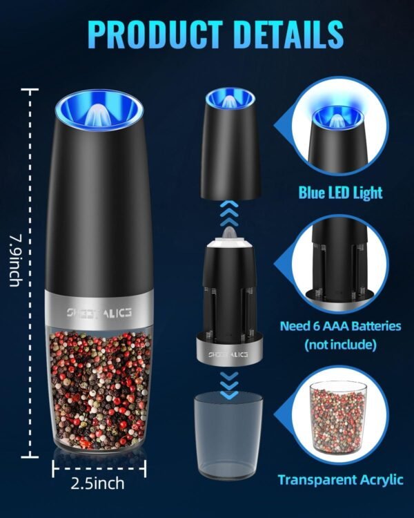 Sweet Alice Gravity Electric Pepper and Salt Grinder Set, Adjustable Coarseness, Battery Powered with LED Light, One Hand Automatic Operation, Stainless Steel Black, 2 Pack - Image 2