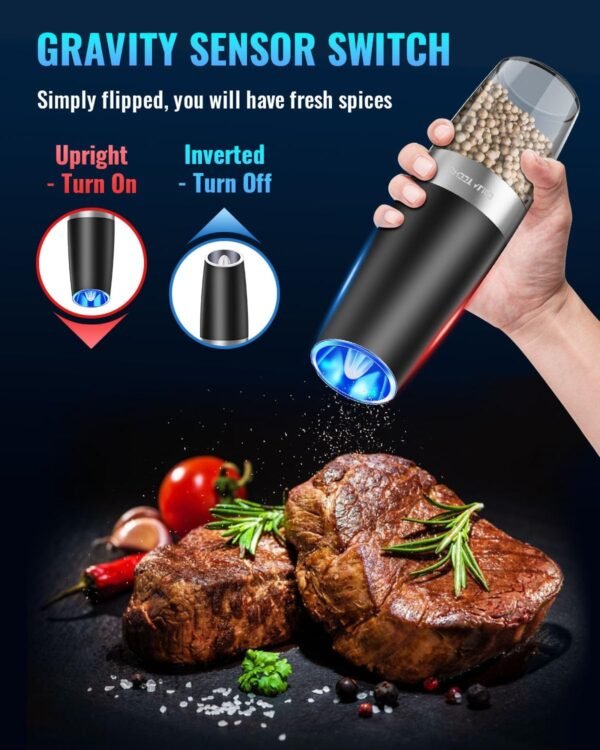 Sweet Alice Gravity Electric Pepper and Salt Grinder Set, Adjustable Coarseness, Battery Powered with LED Light, One Hand Automatic Operation, Stainless Steel Black, 2 Pack - Image 4