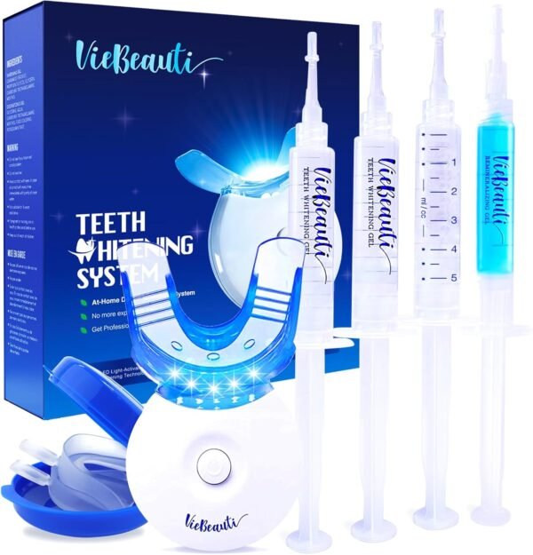 VieBeauti Teeth Whitening Kit - 5X LED Light Tooth Whitener with 35% Carbamide Peroxide, Mouth Trays, Remineralizing Gel and Tray Case - Built-in 10 Minute Timer Restores Your White Smile Mint