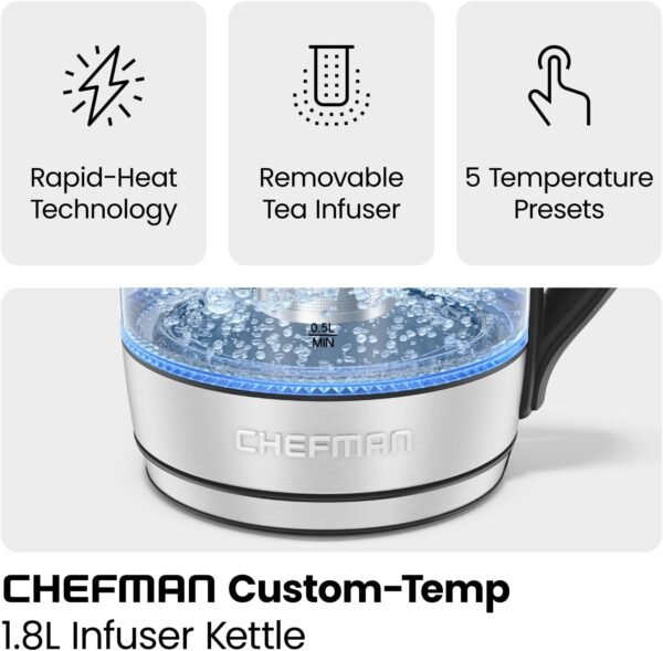 Chefman Electric Kettle with Temperature Control, 5 Presets LED Indicator Lights, Removable Tea Infuser, Glass Tea Kettle & Hot Water Boiler, 360° Swivel Base, BPA Free, Stainless Steel, 1.8 Liters - Image 5