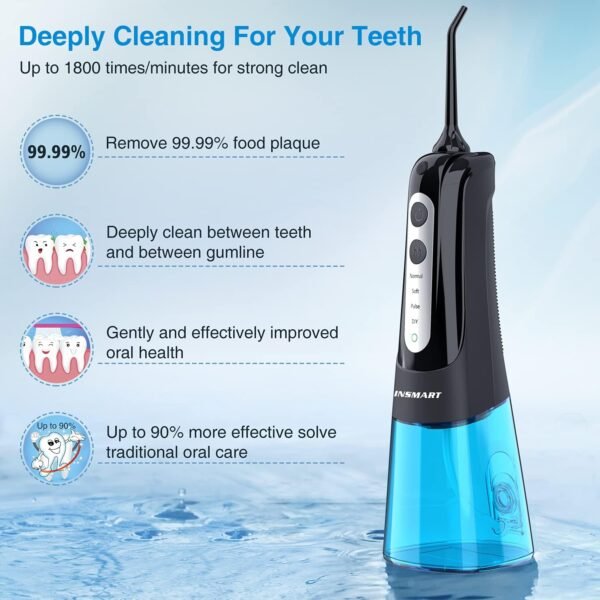 Cordless Water Dental Flosser Teeth Cleaner, INSMART Professional 300ML Tank DIY Mode USB Rechargeable Dental Oral Irrigator for Home and Travel, IPX7 Waterproof 4 Modes Irrigate for Oral Care Blue - Image 3