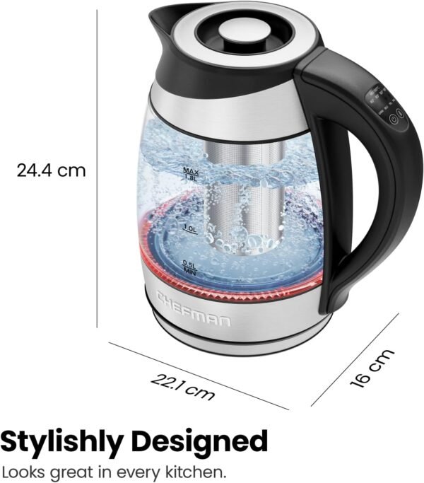 Chefman Electric Kettle with Temperature Control, 5 Presets LED Indicator Lights, Removable Tea Infuser, Glass Tea Kettle & Hot Water Boiler, 360° Swivel Base, BPA Free, Stainless Steel, 1.8 Liters - Image 7