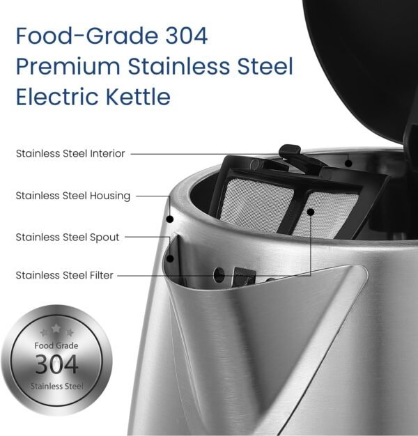 COMFEE' Stainless Steel Electric Kettle, 1.7 Liter Tea Kettle Electric & Hot Water Kettle, 1500W Fast Boil with LED Light, Auto Shut-Off and Boil-Dry Protection - Image 4