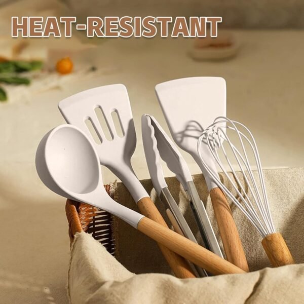 Umite Chef Kitchen Cooking Utensils Set, 33 pcs Non-Stick Silicone Cooking Kitchen Utensils Spatula Set with Holder, Wooden Handle Silicone Kitchen Gadgets Utensil Set (Khaki) - Image 5