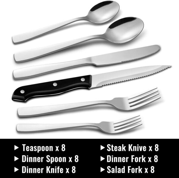 HIWARE 48-Piece Silverware Set with Steak Knives for 8, 18/8 Stainless Steel Flatware Cutlery Set For Home Kitchen Restaurant Hotel, Kitchen Utensils Set, Mirror Polished, Dishwasher Safe - Image 7