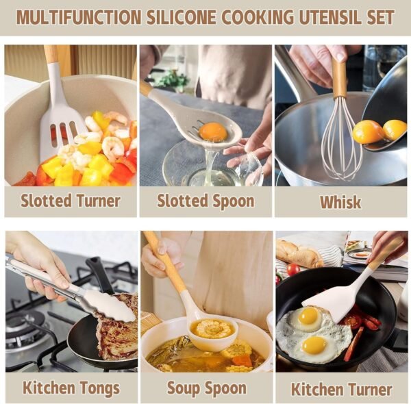 Umite Chef Kitchen Cooking Utensils Set, 33 pcs Non-Stick Silicone Cooking Kitchen Utensils Spatula Set with Holder, Wooden Handle Silicone Kitchen Gadgets Utensil Set (Khaki) - Image 6