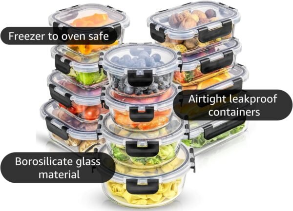 JoyJolt JoyFul 24pc(12 Airtight, Freezer Safe Food Storage Containers and 12 Lids), Pantry Kitchen Storage Containers, Glass Meal Prep Container for Lunch, Glass Storage Containers with Lids - Image 6