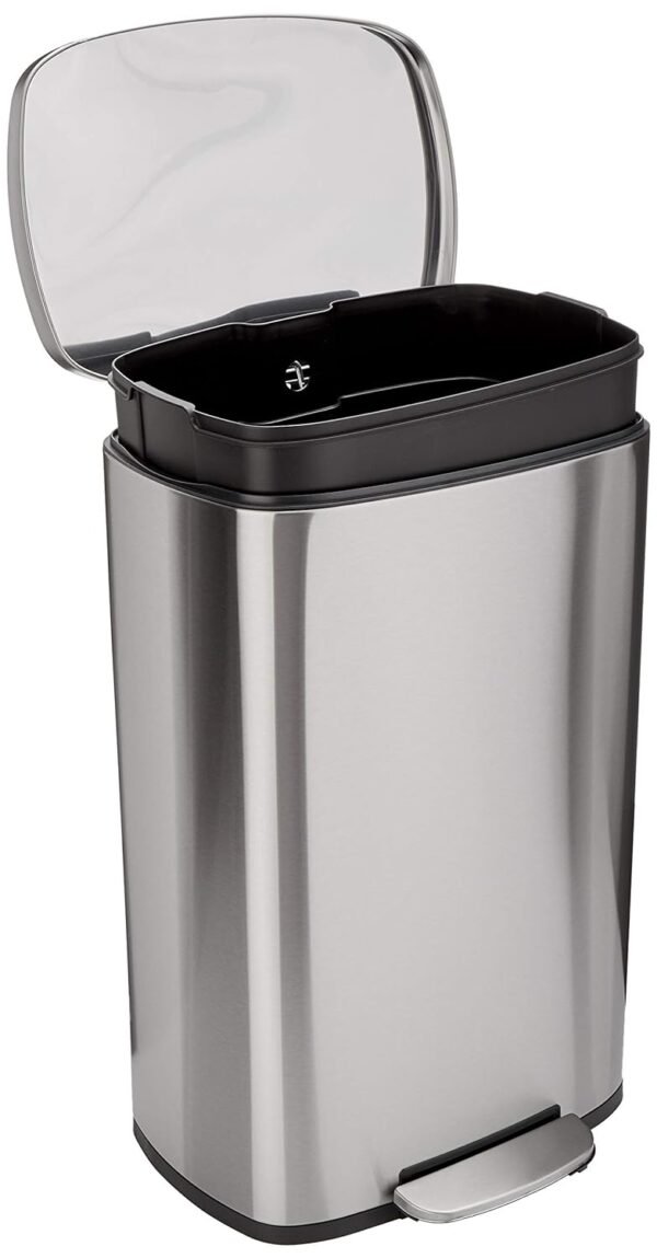 Amazon Basics Smudge Resistant Rectangular Trash Can With Soft-Close Foot Pedal, Brushed Stainless Steel, 50 Liter/13.2 Gallon, Satin Nickel Finish, 16.7"L x 14.7"W x 25.9"H - Image 3