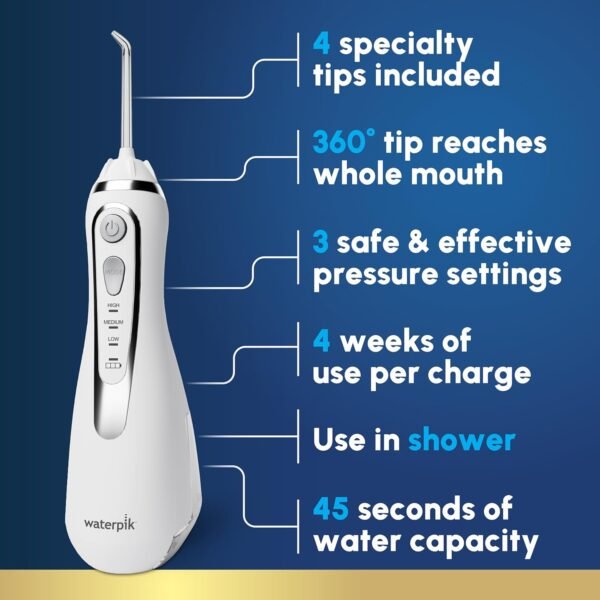 Waterpik Cordless Advanced 2.0 Water Flosser For Teeth, Gums, Braces, Dental Care With Travel Bag and 4 Tips, ADA Accepted, Rechargeable, Portable, and Waterproof, White WP-580, Packaging May Vary - Image 4