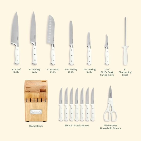 Cuisinart 15-Piece Knife Set with Block, High Carbon Stainless Steel, Forged Triple Rivet, White, C77WTR-15P - Image 5