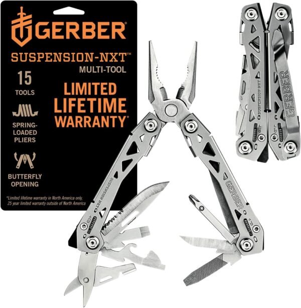 Gerber Gear Suspension-NXT 15-in-1 EDC Multi tool with Pocket Knife, Needle Nose Pliers and Wire Stripper Tools, Gifts for Men, Survival and Camping Gear, Stainless Steel