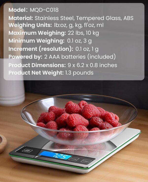 Nicewell Food Scale, 22lb Digital Kitchen Scale Weight Grams and oz for Cooking Baking, 1g/0.1oz Precise Graduation, Stainless Steel and Tempered Glass (Ash Silver) - Image 3