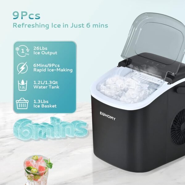 EUHOMY Countertop Ice Maker Machine with Handle, 26lbs in 24Hrs, 9 Ice Cubes Ready in 6 Mins, Auto-Cleaning Portable Ice Maker with Basket and Scoop, for Home/Kitchen/Camping/RV. (Black) - Image 4