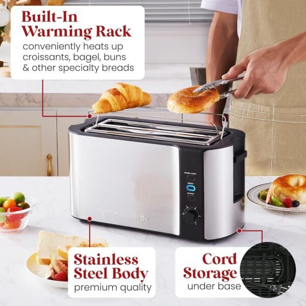 Elite Gourmet ECT-3100 Long Slot 4 Slice Toaster, Reheat, 6 Toast Settings, Defrost, Cancel Functions, Built-in Warming Rack, Extra Wide Slots for Bagels & Waffles, Stainless Steel & Black - Image 4