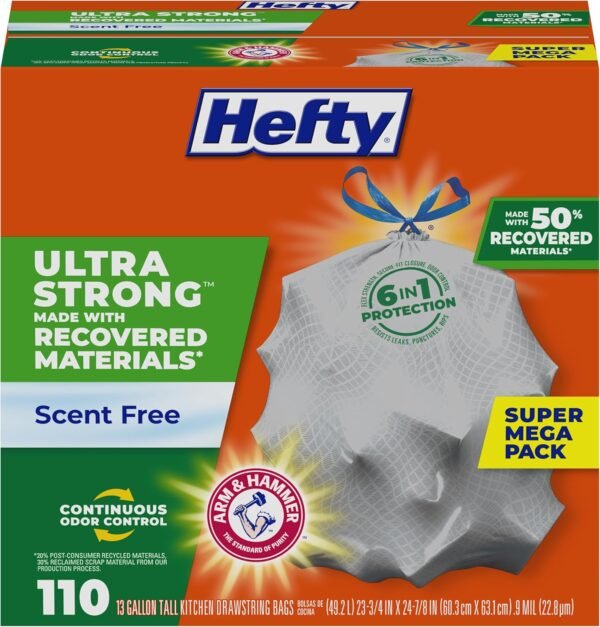 Hefty Ultra Strong Made with 50% Recovered Materials* Tall Kitchen Trash Bags, Gray, Unscented, 13 Gallon, 110 Count