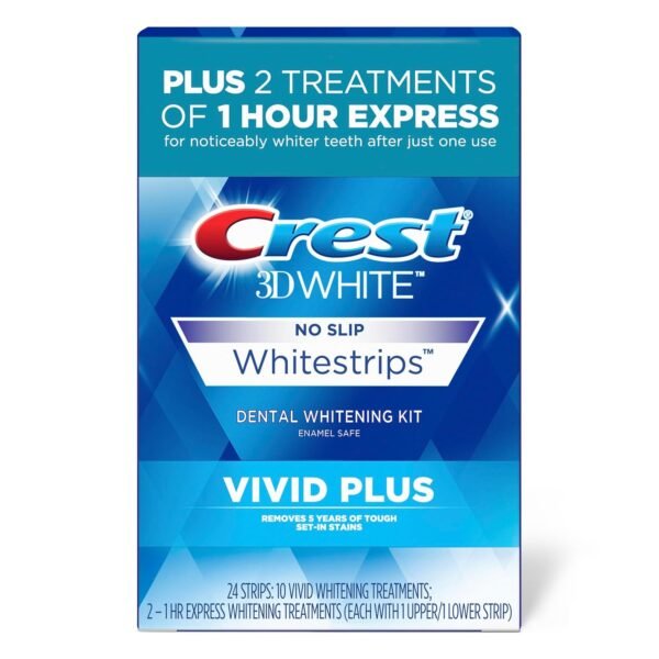 Crest 3DWhitestrips Vivid Plus Whitestrips 3D White, 10 Treatments + 1 Hour Express 2 Treatments Teeth Whitening Kit, 8 Levels Whiter, Crest Teeth Whitening Strips