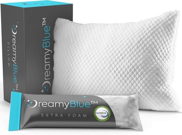 DreamyBlue Premium Pillow for Sleeping - Shredded Memory Foam Fill [Adjustable Loft] Washable Cover from Bamboo Derived Rayon - for Side, Back, Stomach Sleepers - CertiPUR-US Certified (Queen)