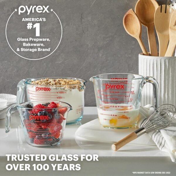 Pyrex 3 Piece Measuring Cup Set, Includes 1, 2, and 4 Tempered Glass Liquid Measuring Cups, Dishwasher, Freezer, Microwave, and Oven Safe, Essential Kitchen Tools - Image 3