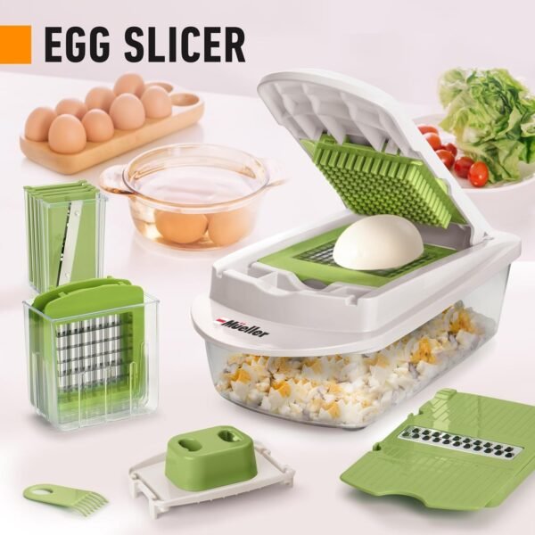 Mueller Pro-Series 10-in-1, 8 Blade Vegetable Chopper, Onion Mincer, Cutter, Dicer, Egg Slicer with Container, French Fry Cutter Potato Slicer, Home Essentials, Salad Chopper White Sand/Green - Image 6