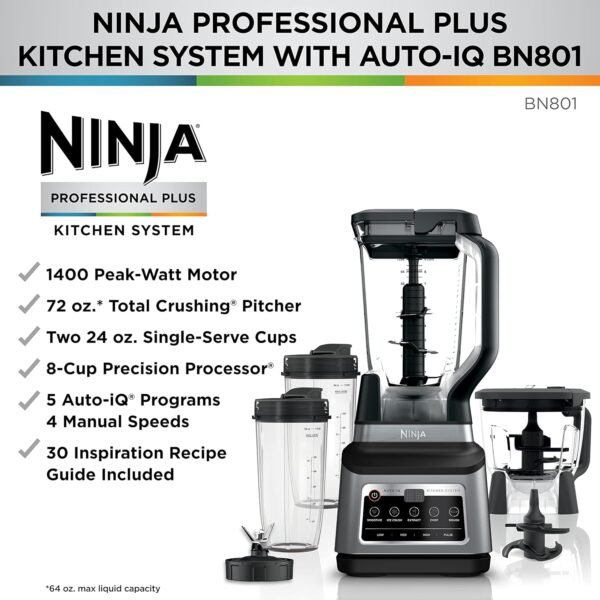 Ninja BN801 Professional Plus Kitchen System, 1400 WP, 5 Functions for Smoothies, Chopping, Dough & More with Auto IQ, 72-oz.* Blender Pitcher, 64-oz. Processor Bowl, (2) 24-oz. To-Go Cups, Grey - Image 3