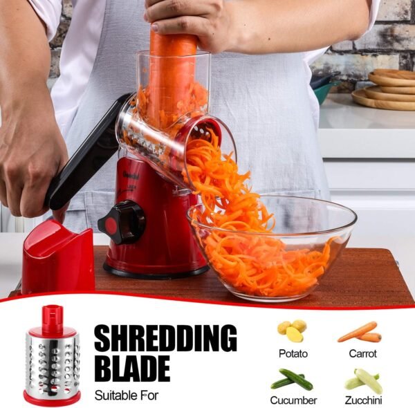 Geedel Rotary Cheese Grater, Kitchen Mandoline Vegetable Slicer with 3 Interchangeable Blades, Easy to Clean Grater for Fruit, Vegetables, Nuts - Image 2