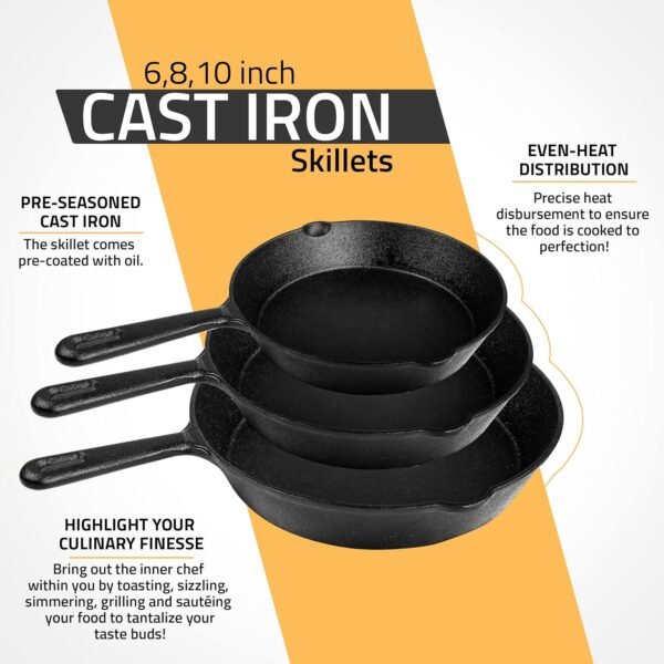 Utopia Kitchen Saute Fry Pan - Pre-Seasoned Cast Iron Skillets Set 3-Piece Frying Pan comprised of 6", 8", and 10" Cast Iron Pan - Easy Use in the Oven, Stove, Grill, or Campfire - Black - Image 6