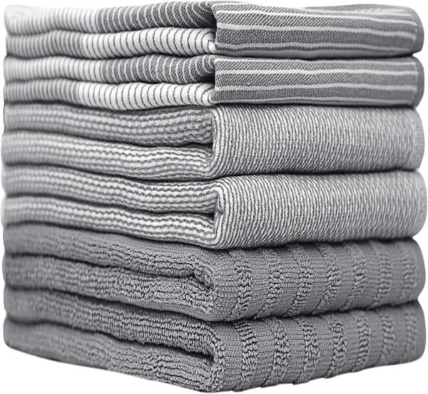 Premium Kitchen Towels (20”x 28”, 6 Pack) | Large Cotton Kitchen Hand Towel | Flat & Terry Dish Cloths | Highly Absorbent Tea Towels Set with Hanging Loop | Gray - Image 4