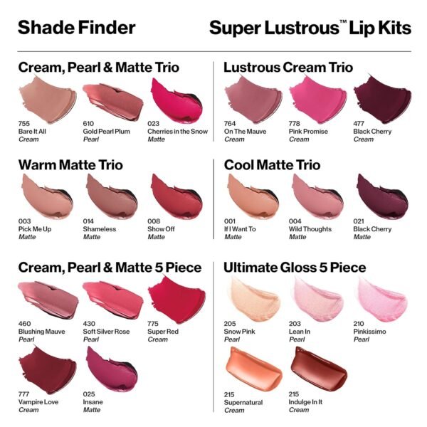 Revlon Super Lustrous 5-Piece Lipstick Gift Set, High Impact, Moisturizing, 460 Blushing Mauve & 430 Soft Silver Rose (Pearl), 775 Super Red & 777 Vampire Love (Cream), 025 Insane (Matte), 0.75 Oz - Image 2