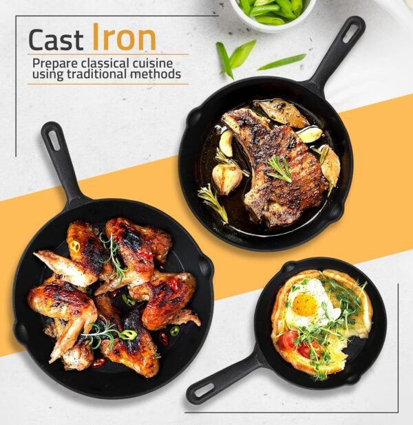 Utopia Kitchen Saute Fry Pan - Pre-Seasoned Cast Iron Skillets Set 3-Piece Frying Pan comprised of 6", 8", and 10" Cast Iron Pan - Easy Use in the Oven, Stove, Grill, or Campfire - Black - Image 4