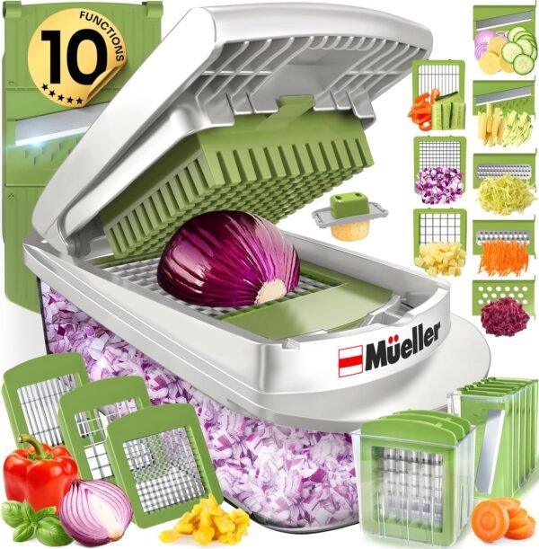 Mueller Pro-Series 10-in-1, 8 Blade Vegetable Chopper, Onion Mincer, Cutter, Dicer, Egg Slicer with Container, French Fry Cutter Potato Slicer, Home Essentials, Salad Chopper White Sand/Green